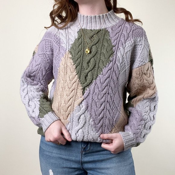 Rare Vintage Handmade Cable Knit Wool Oversized Sweater Chunky Slouchy Mock Crew - Picture 1 of 8